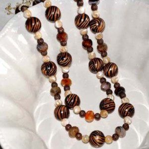 Tiger Bead Necklace Wood Beads Double Strand Extra Long Necklace Boho Jewelry